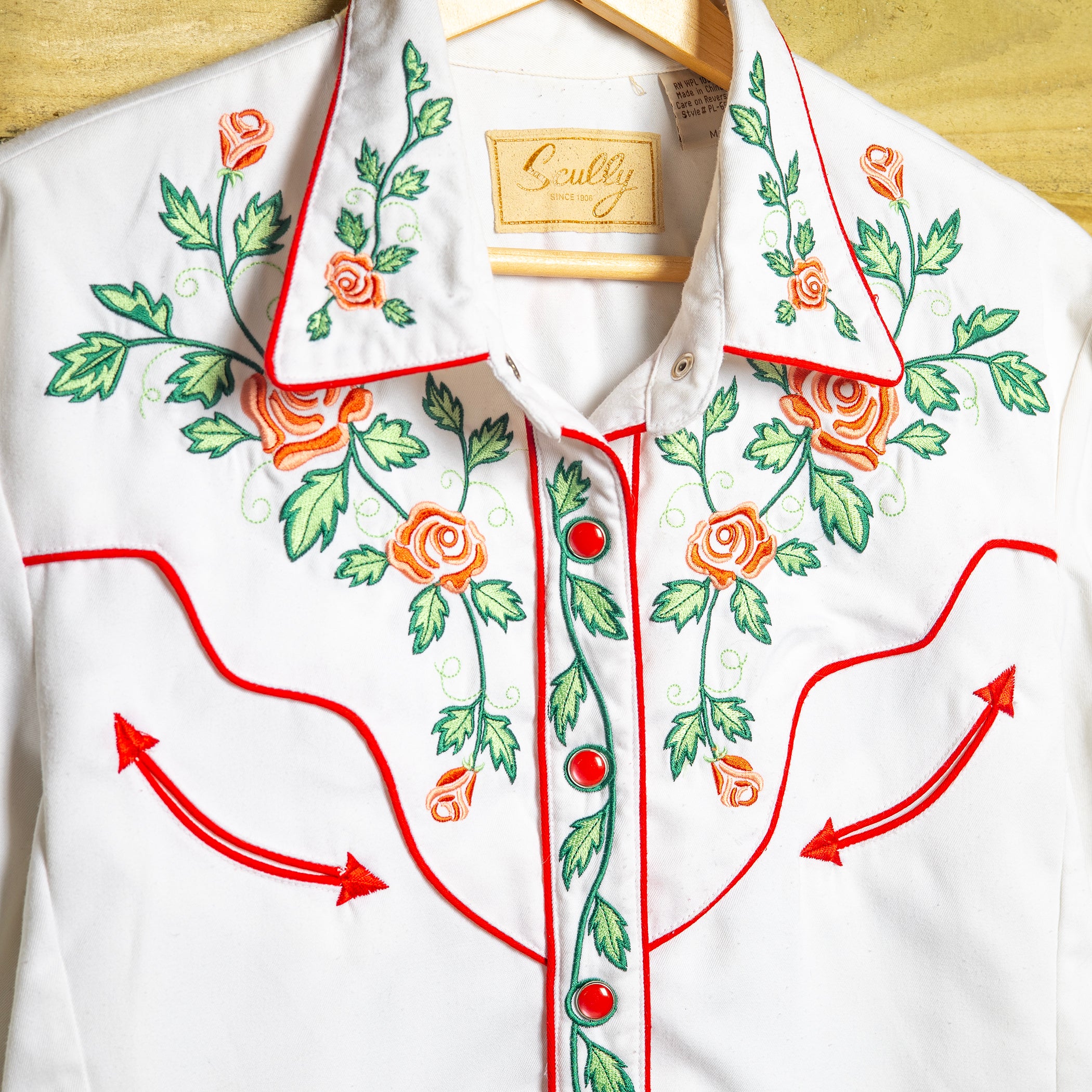 Scully Western Wear Rose Embroidered Cowgirl Shirt – Red & White | M (12–14)
