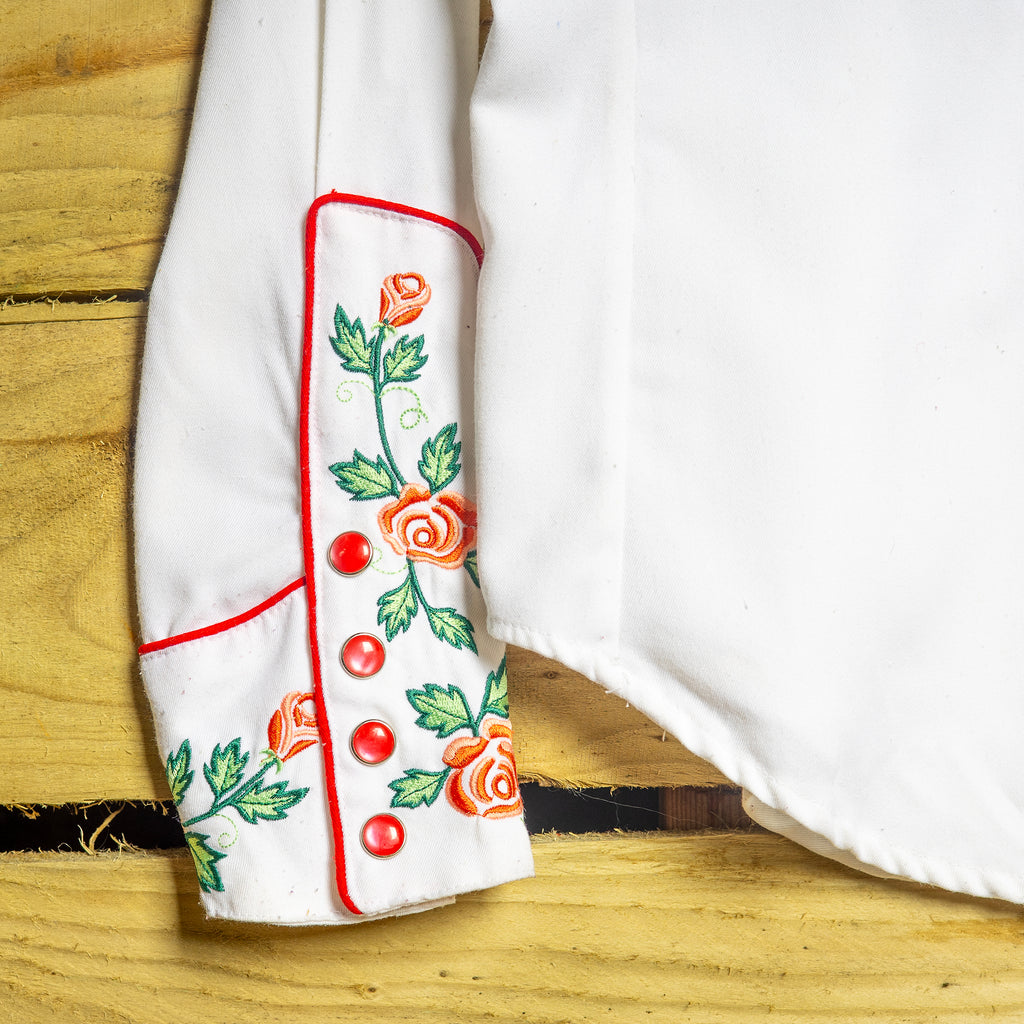 Scully Western Wear Rose Embroidered Cowgirl Shirt – Red & White | M (12–14)