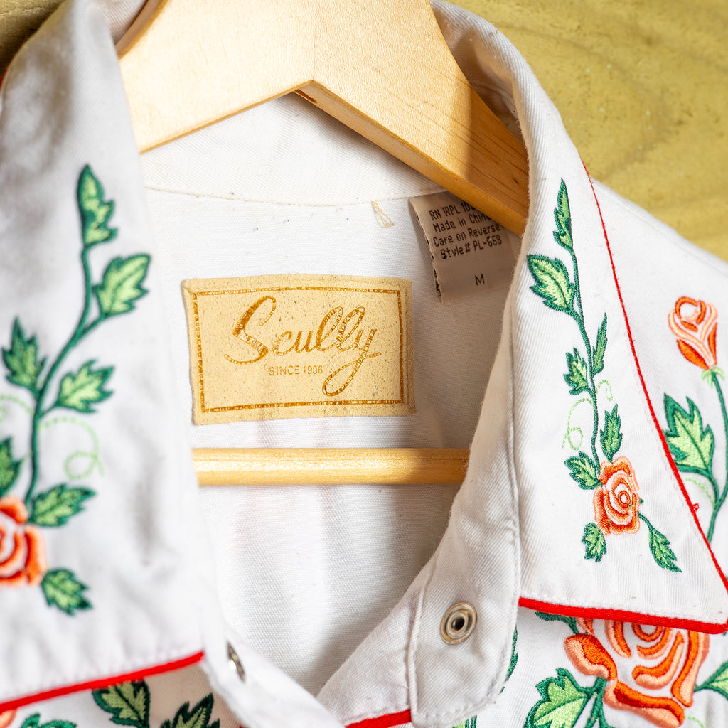 Scully Western Wear Rose Embroidered Cowgirl Shirt – Red & White | M (12–14)