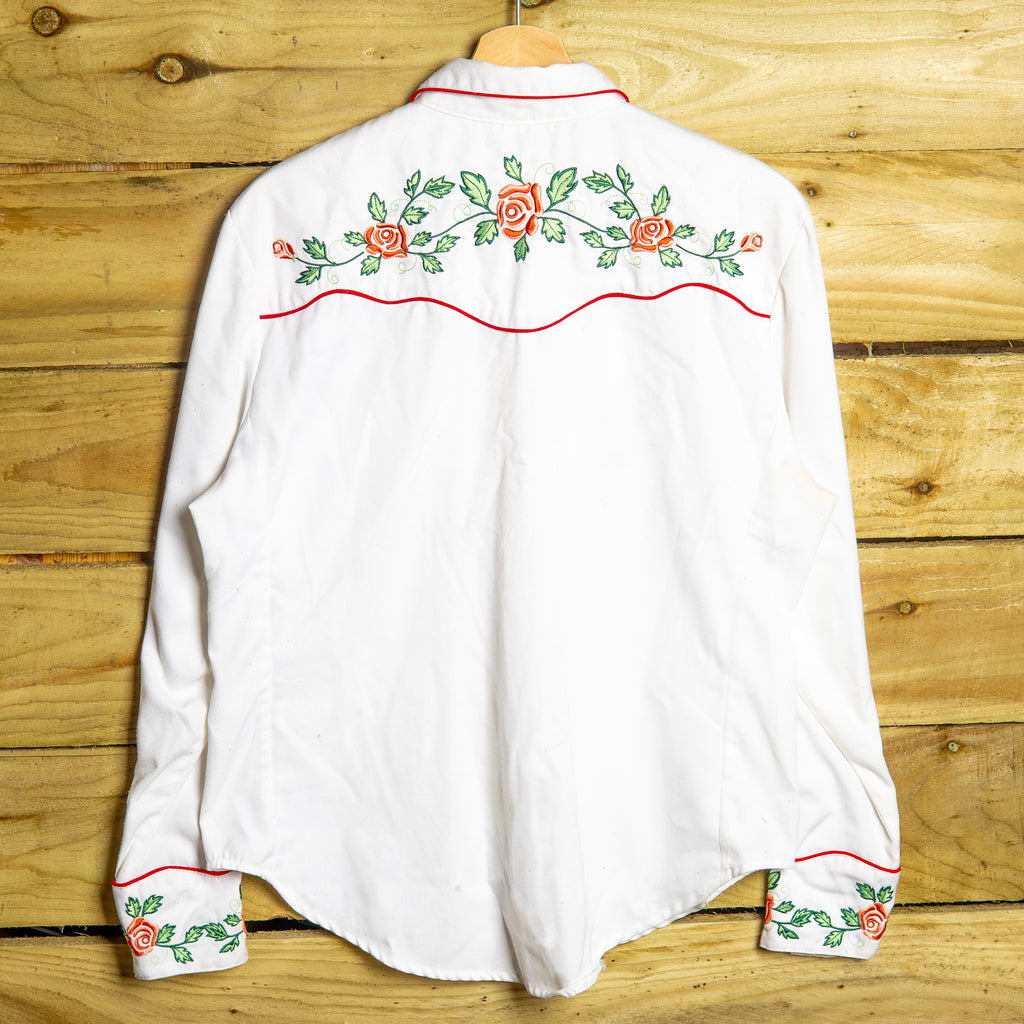 Scully Western Wear Rose Embroidered Cowgirl Shirt – Red & White | M (12–14)