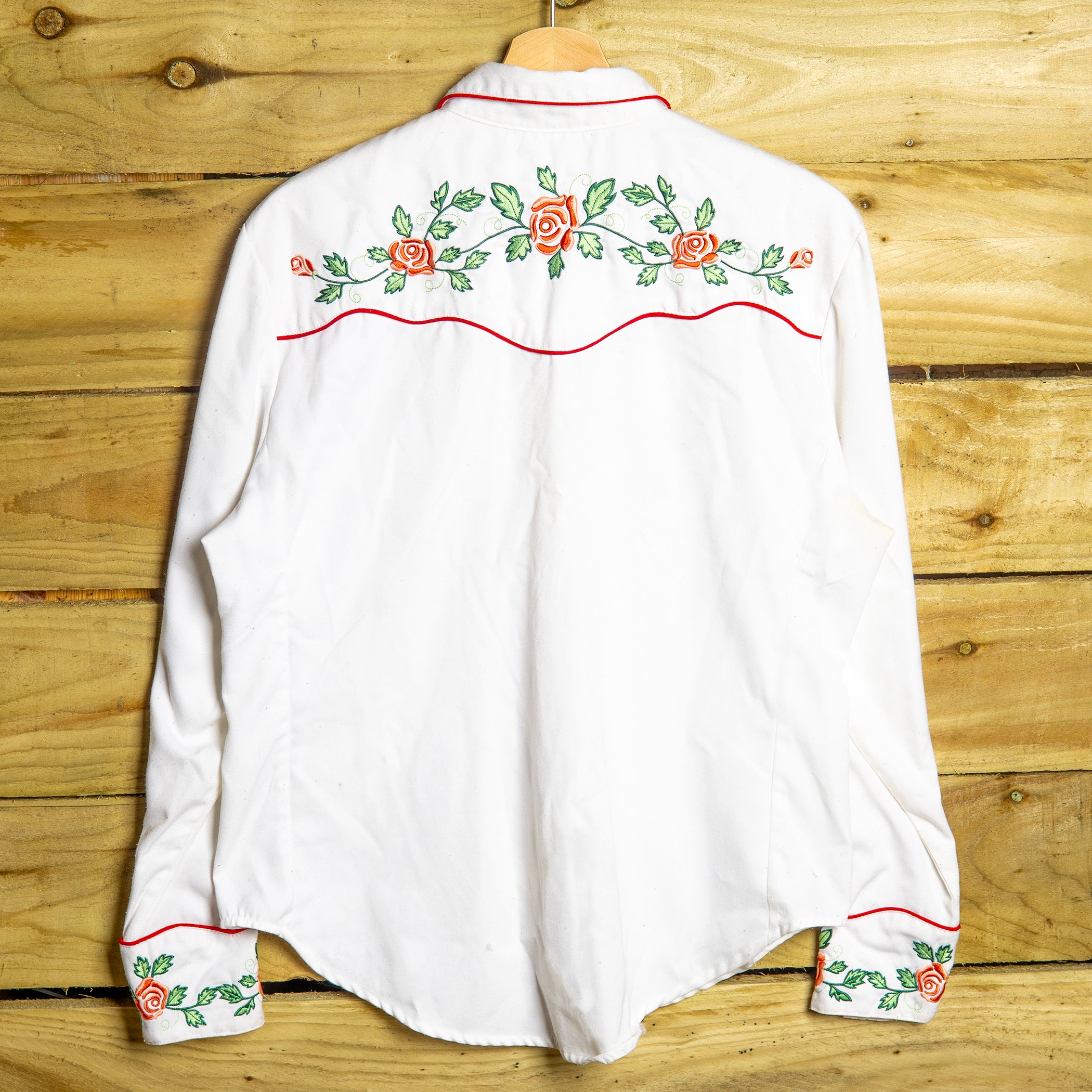 Scully Western Wear Rose Embroidered Cowgirl Shirt – Red & White | M (12–14)
