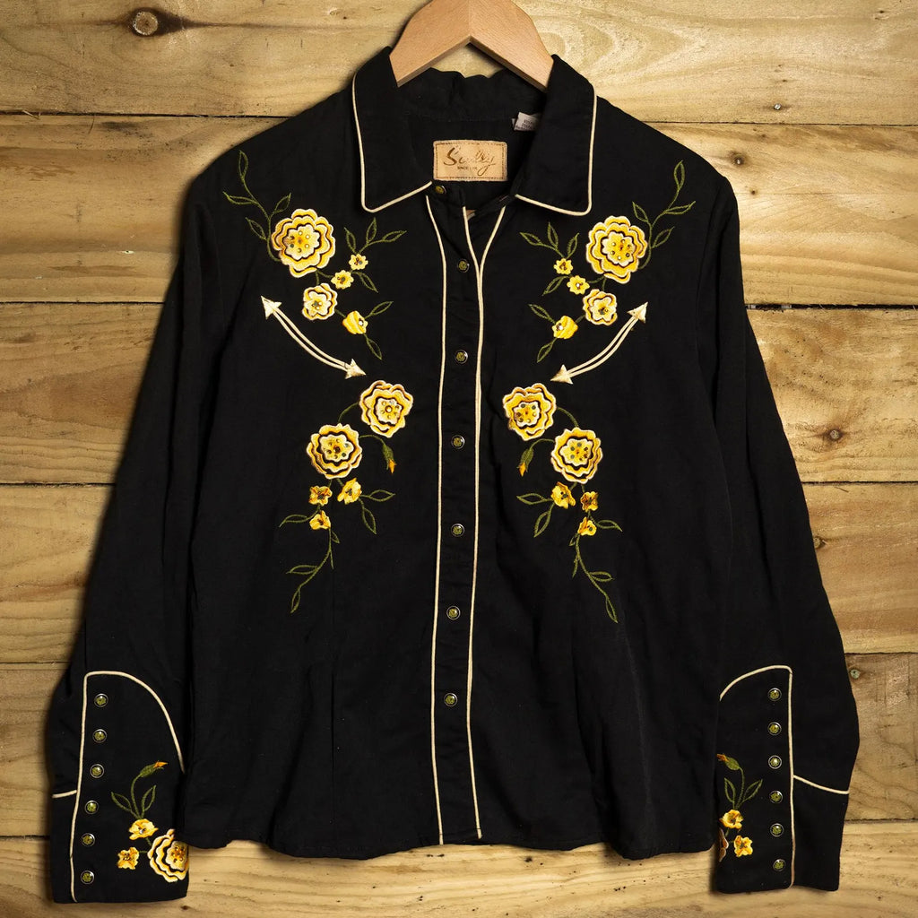 Scully Vintage Black Floral Embroidered Women's Western Shirt – Pearl Snaps – L