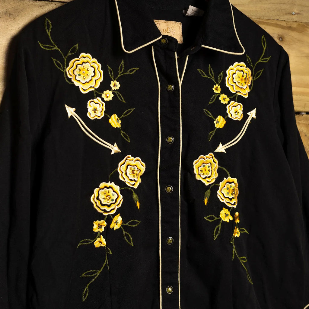 Scully Vintage Black Floral Embroidered Women's Western Shirt – Pearl Snaps – L