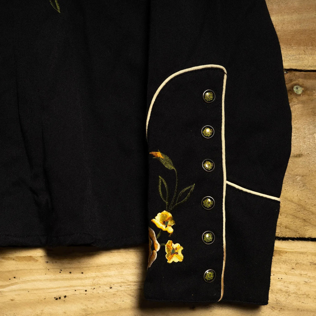 Scully Vintage Black Floral Embroidered Women's Western Shirt – Pearl Snaps – L