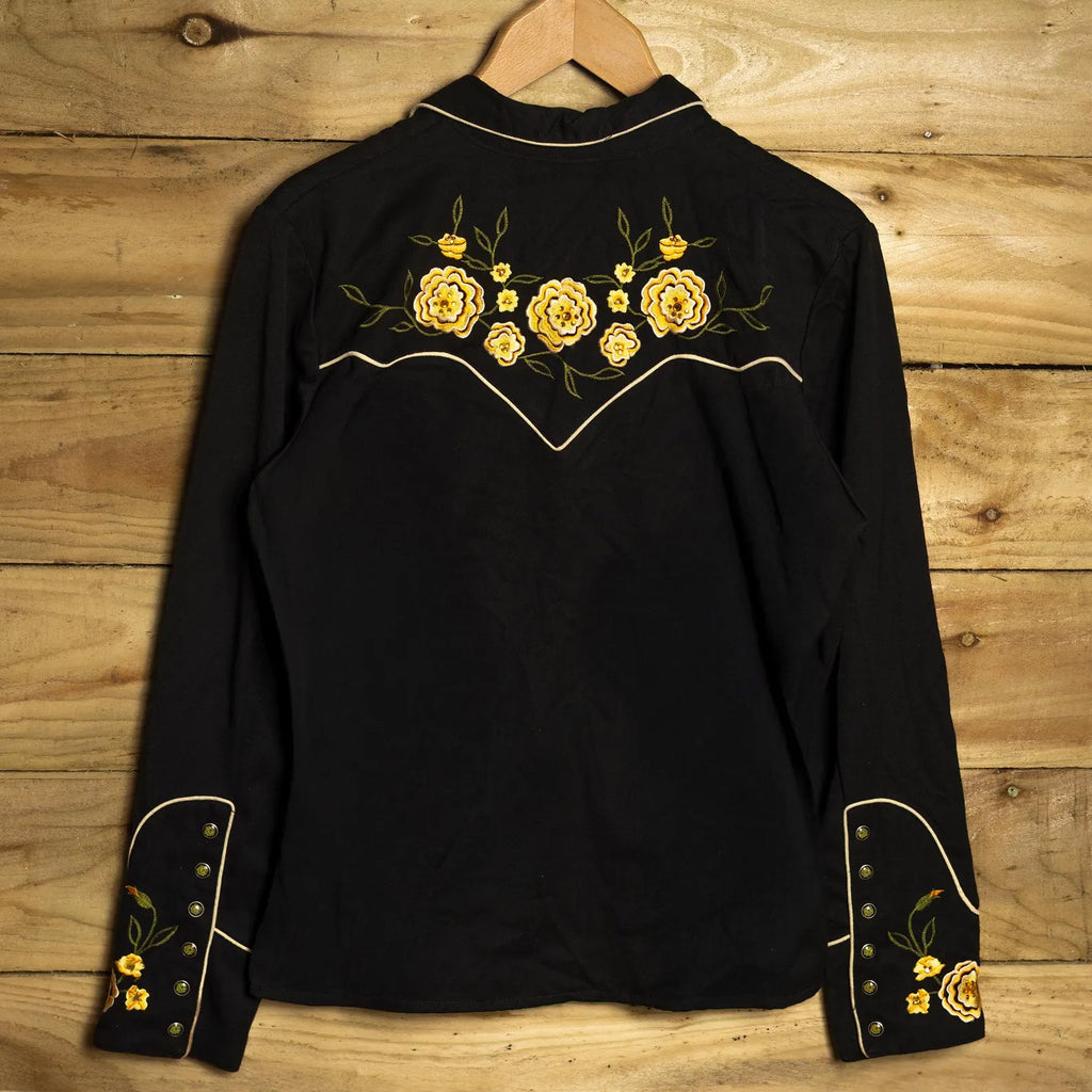 Scully Vintage Black Floral Embroidered Women's Western Shirt – Pearl Snaps – L