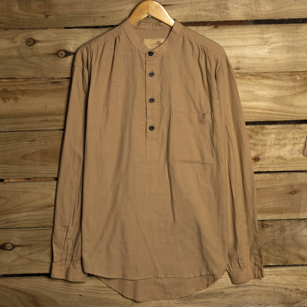 Scully Western Wear Vintage Beige Collarless Half-Button Western Shirt — Size M