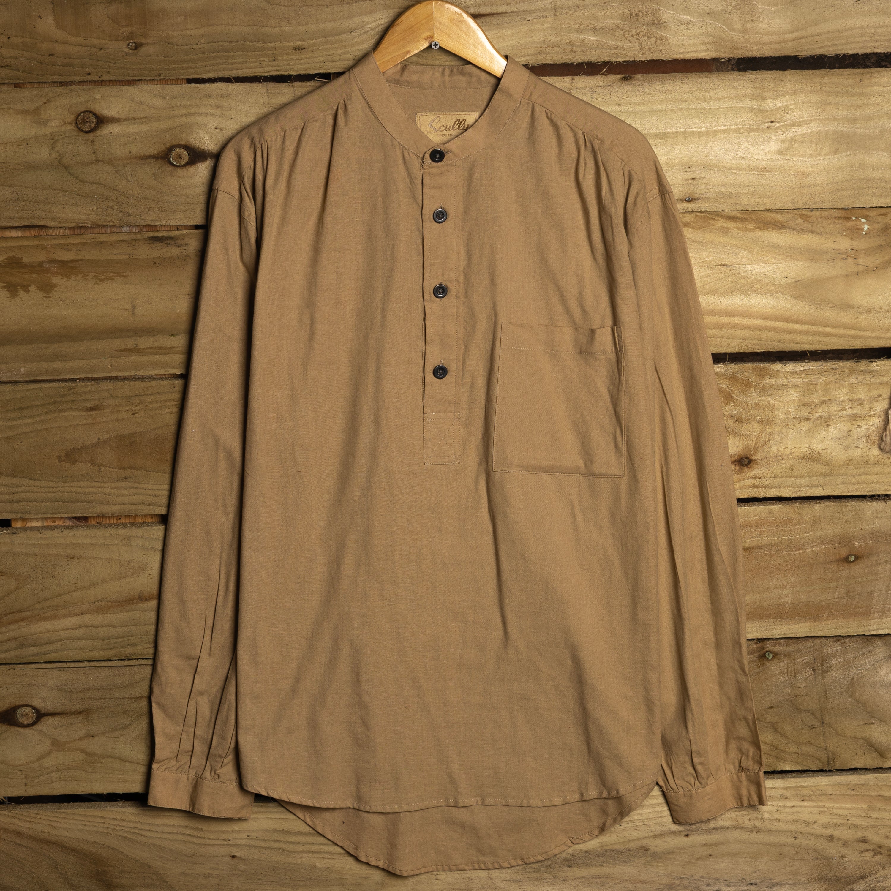 Scully Western Wear Vintage Beige Collarless Half-Button Western Shirt — Size M