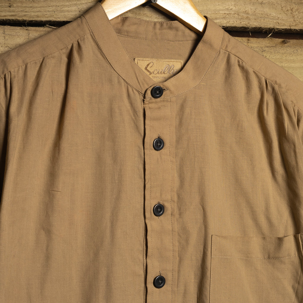 Scully Western Wear Vintage Beige Collarless Half-Button Western Shirt — Size M