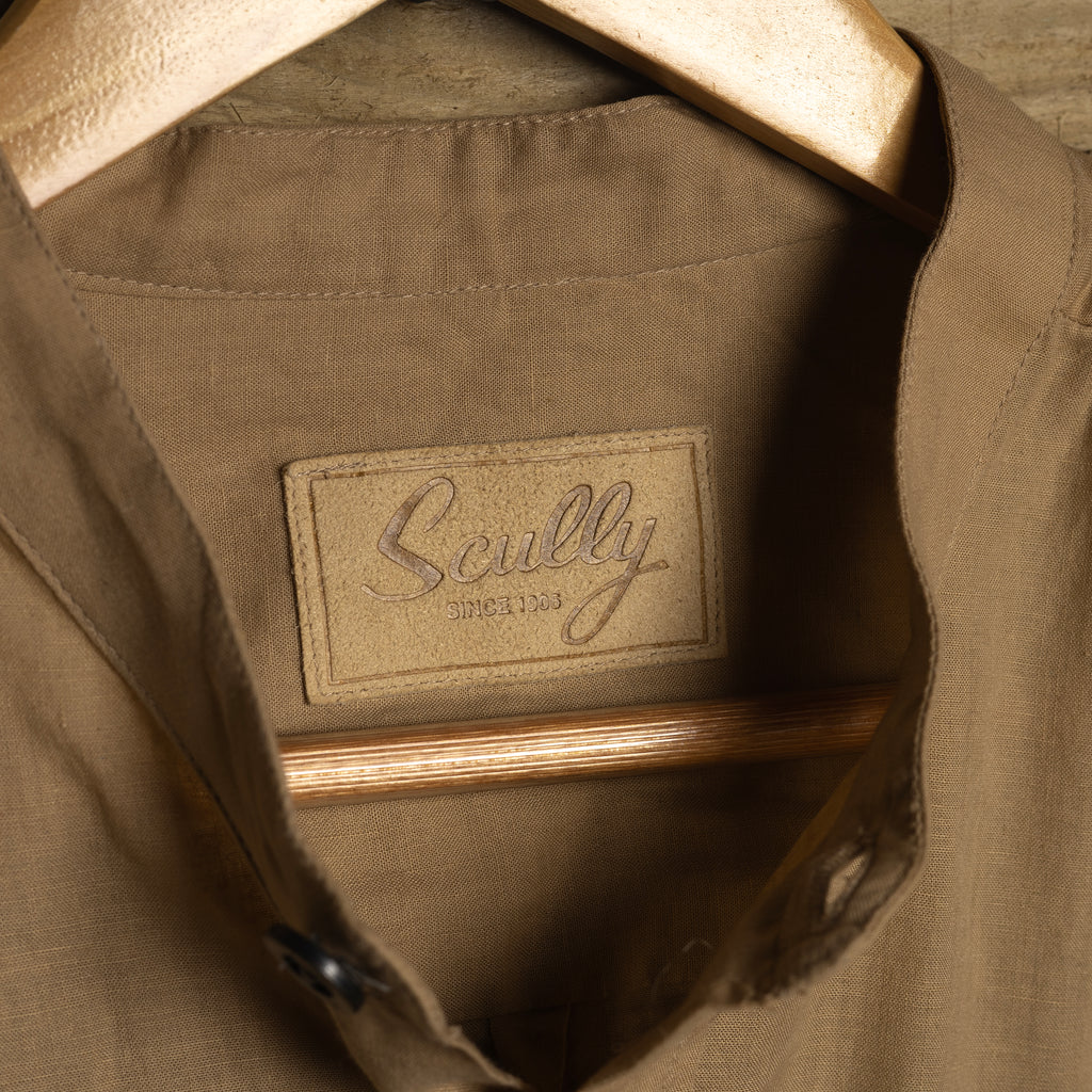 Scully Western Wear Vintage Beige Collarless Half-Button Western Shirt — Size M