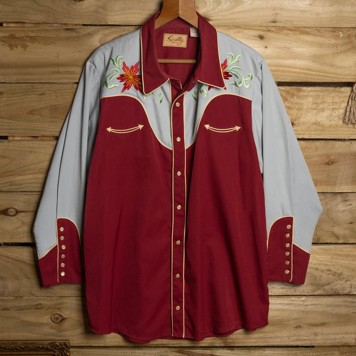 Vintage Scully Western Wear Floral Embroidered Burgundy & Blue Western Shirt - Pearl Snaps - Size XXL