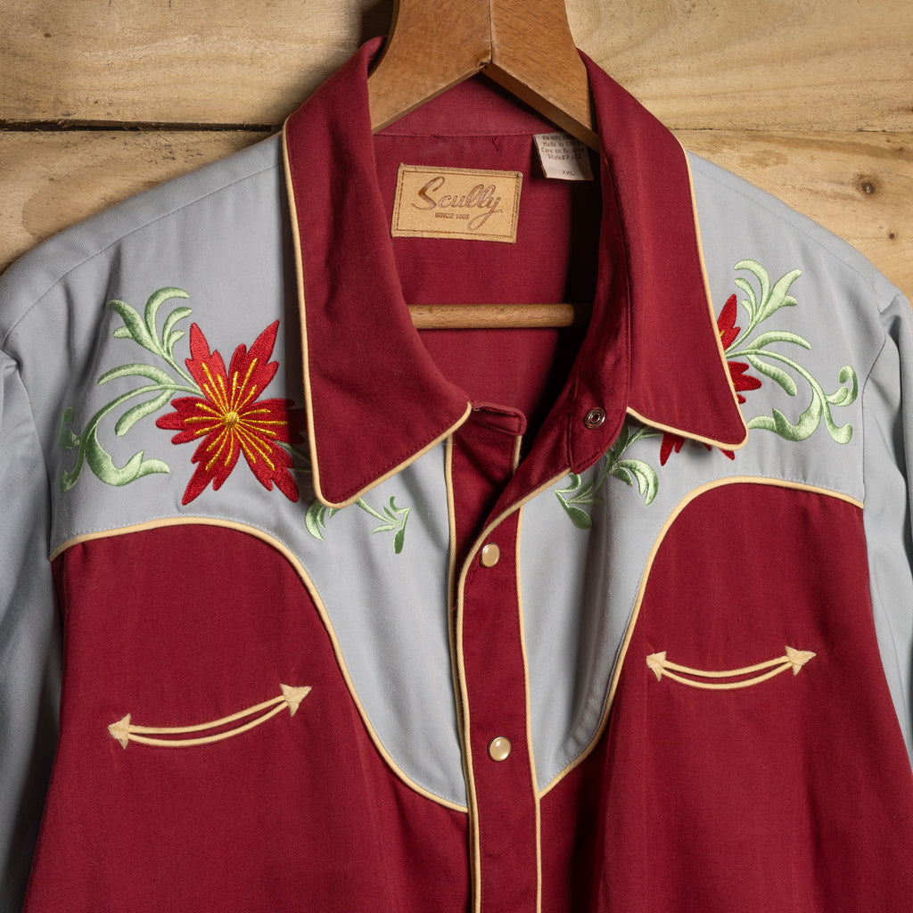Vintage Scully Western Wear Floral Embroidered Burgundy & Blue Western Shirt - Pearl Snaps - Size XXL
