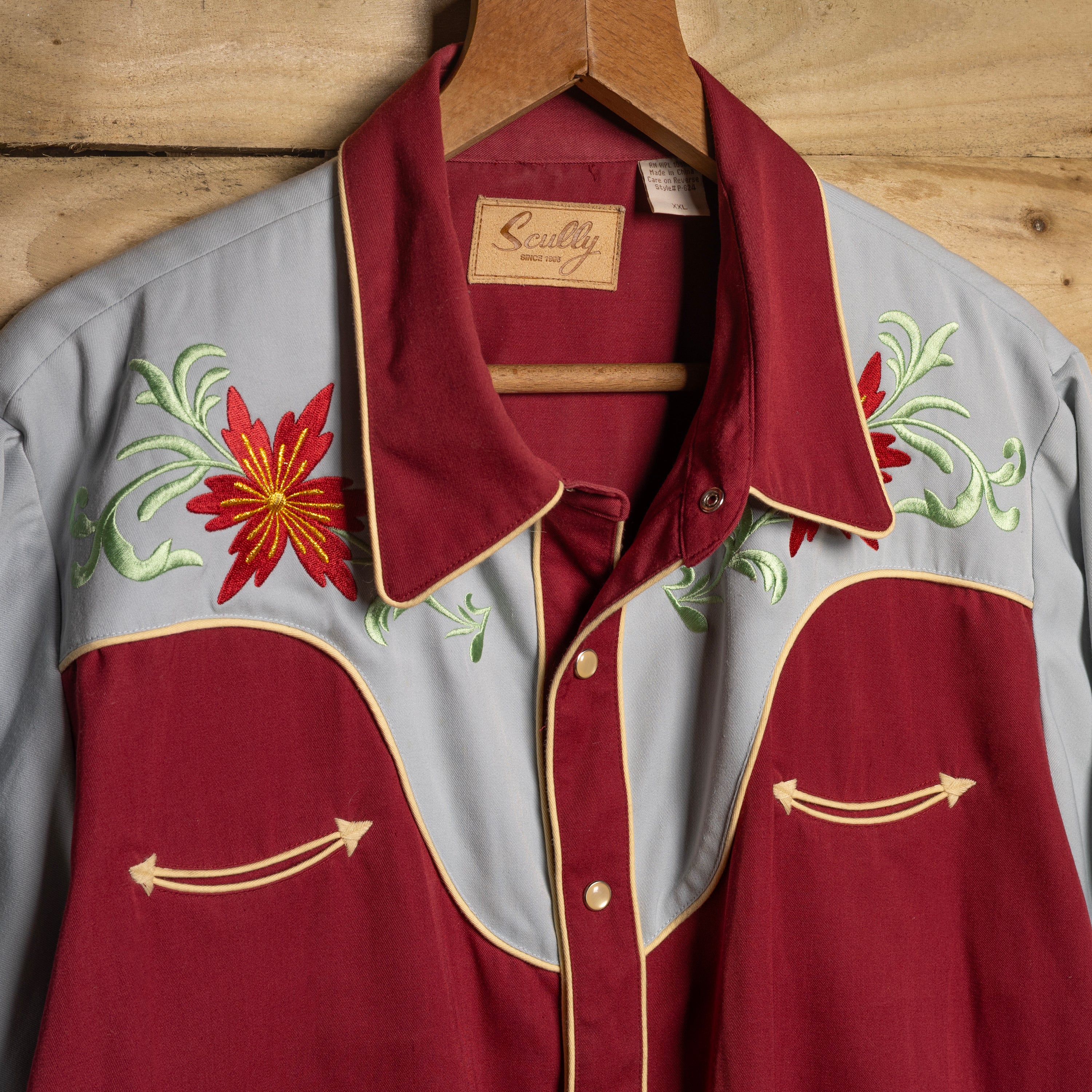 Vintage Scully Western Wear Floral Embroidered Burgundy & Blue Western Shirt - Pearl Snaps - Size XXL