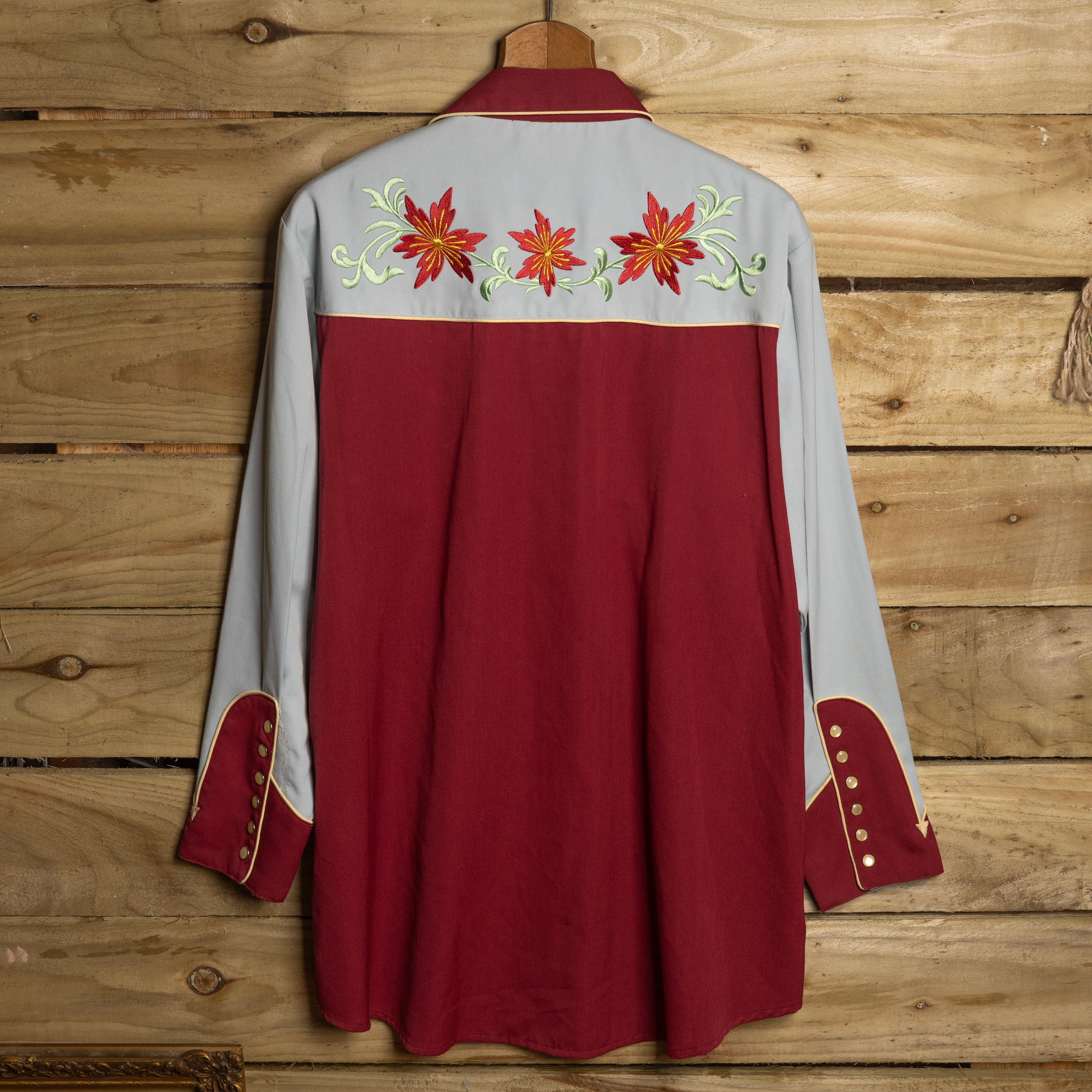 Vintage Scully Western Wear Floral Embroidered Burgundy & Blue Western Shirt - Pearl Snaps - Size XXL