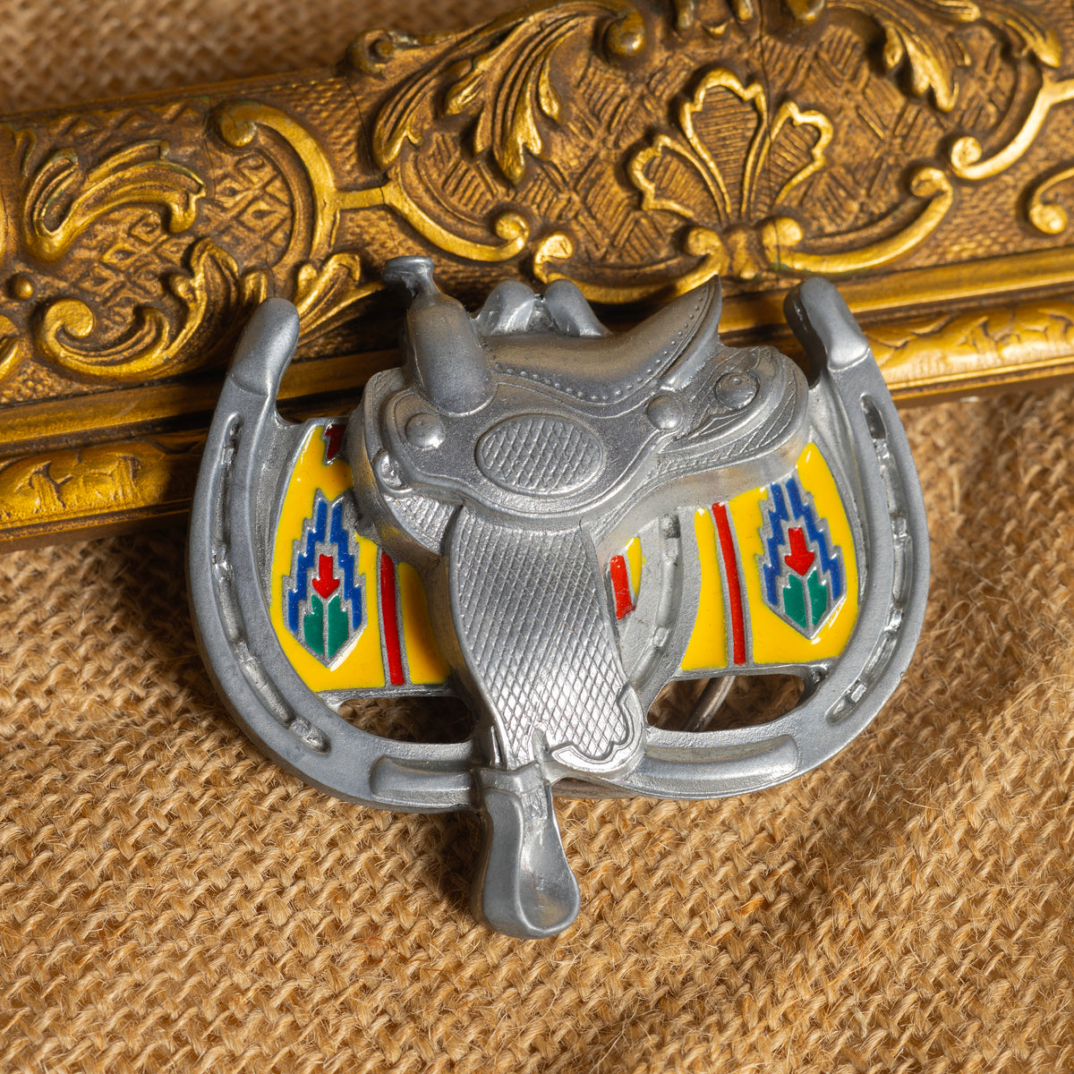 Vintage Painted Saddle & Horseshoe Western Belt Buckle