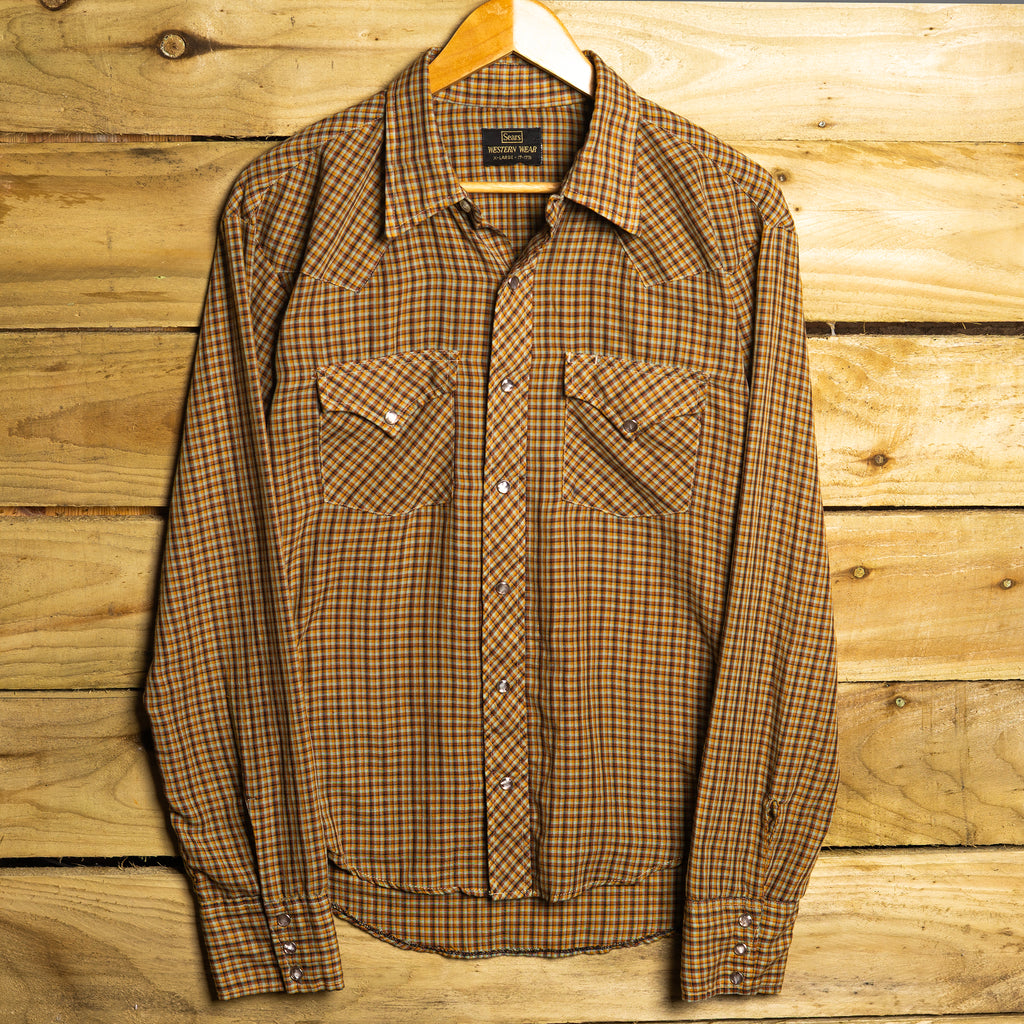 Vintage Sears Western Wear Brown Check Rodeo Shirt – Pearl Snaps, Sawtooth Pockets – Fits M