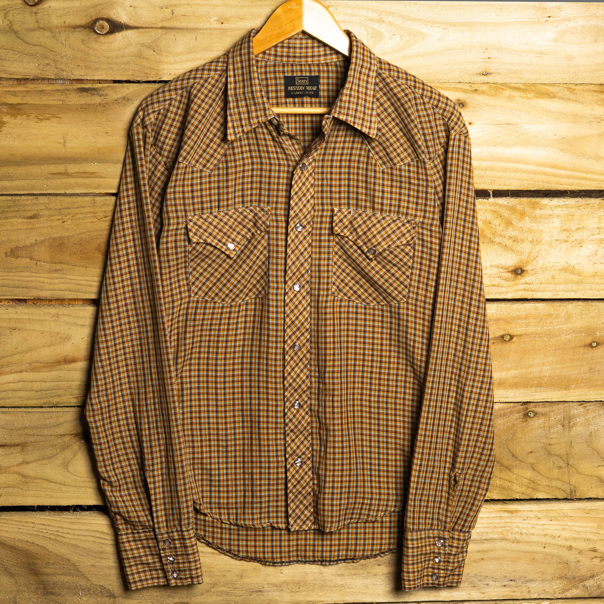 Vintage Sears Western Wear Brown Check Rodeo Shirt – Pearl Snaps, Sawtooth Pockets – Fits M