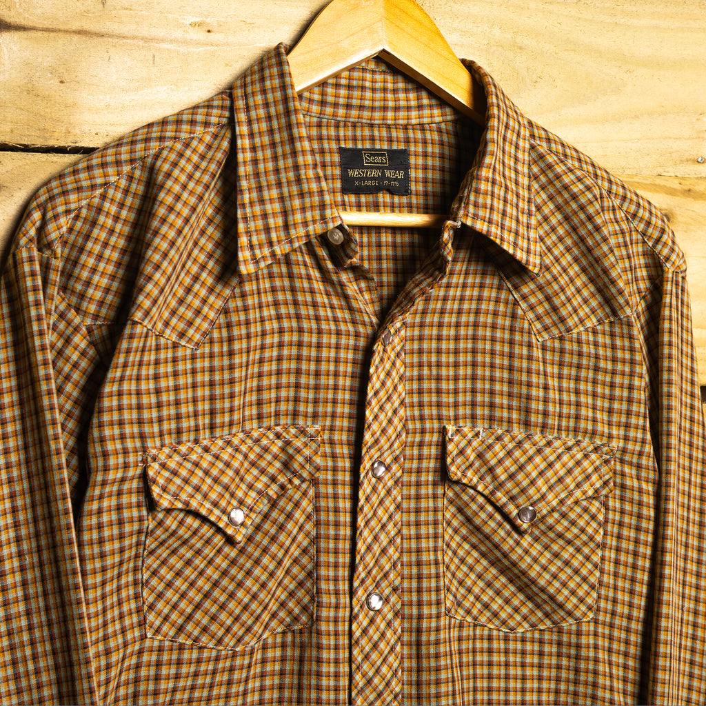 Vintage Sears Western Wear Brown Check Rodeo Shirt – Pearl Snaps, Sawtooth Pockets – Fits M