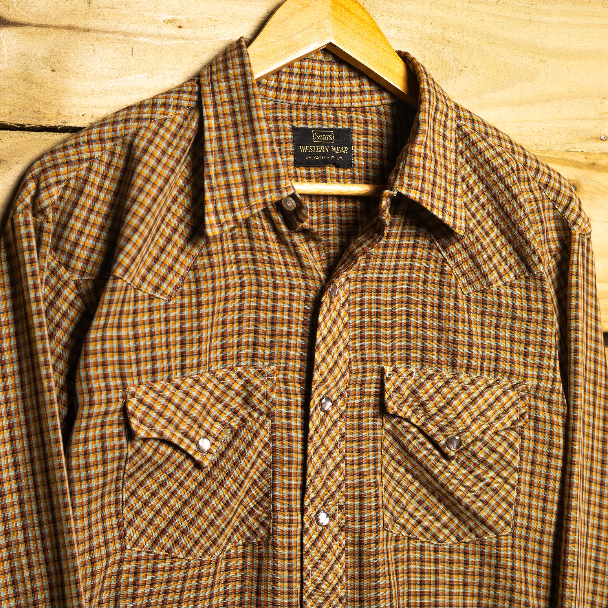 Vintage Sears Western Wear Brown Check Rodeo Shirt – Pearl Snaps, Sawtooth Pockets – Fits M