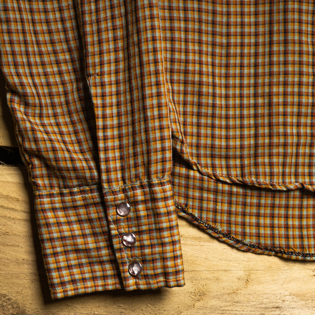 Vintage Sears Western Wear Brown Check Rodeo Shirt – Pearl Snaps, Sawtooth Pockets – Fits M