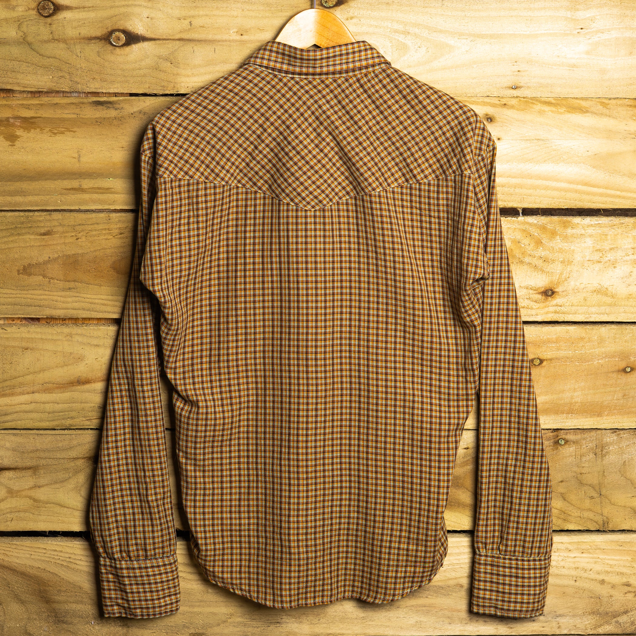 Vintage Sears Western Wear Brown Check Rodeo Shirt – Pearl Snaps, Sawtooth Pockets – Fits M