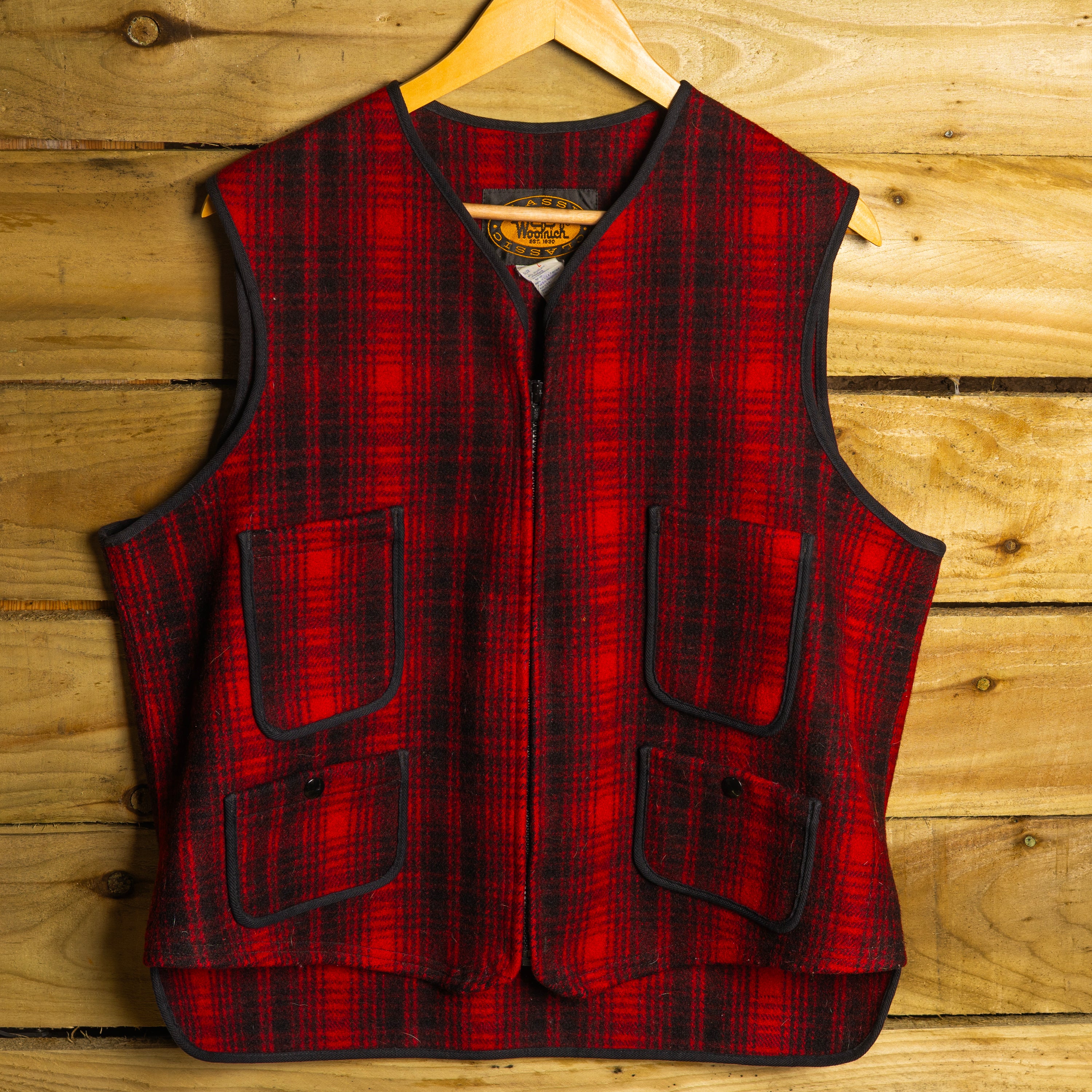 Woolrich Vintage Burgundy & Black Hunting Wool Gilet — Size L