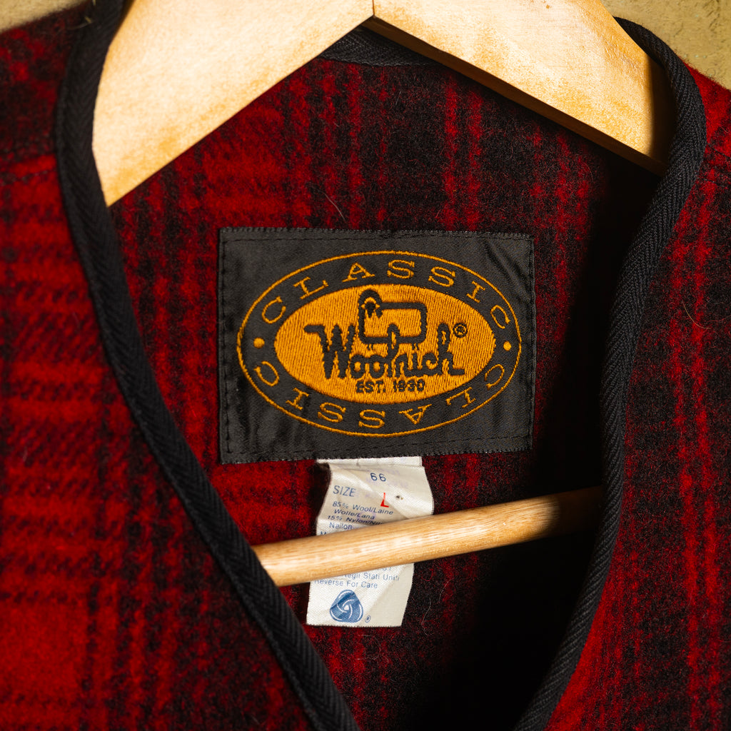 Woolrich Vintage Burgundy & Black Hunting Wool Gilet — Size L