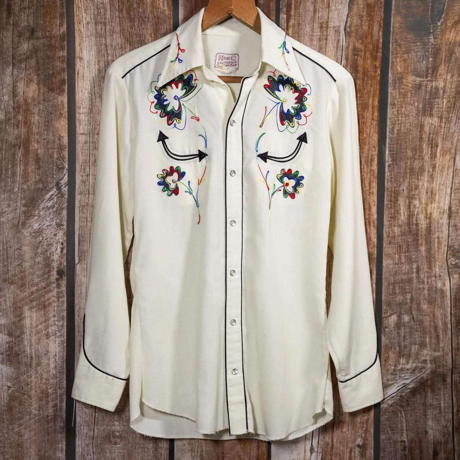 1950s Vitage H bar C California Ranchwear Cream Embroidered Western Shirt