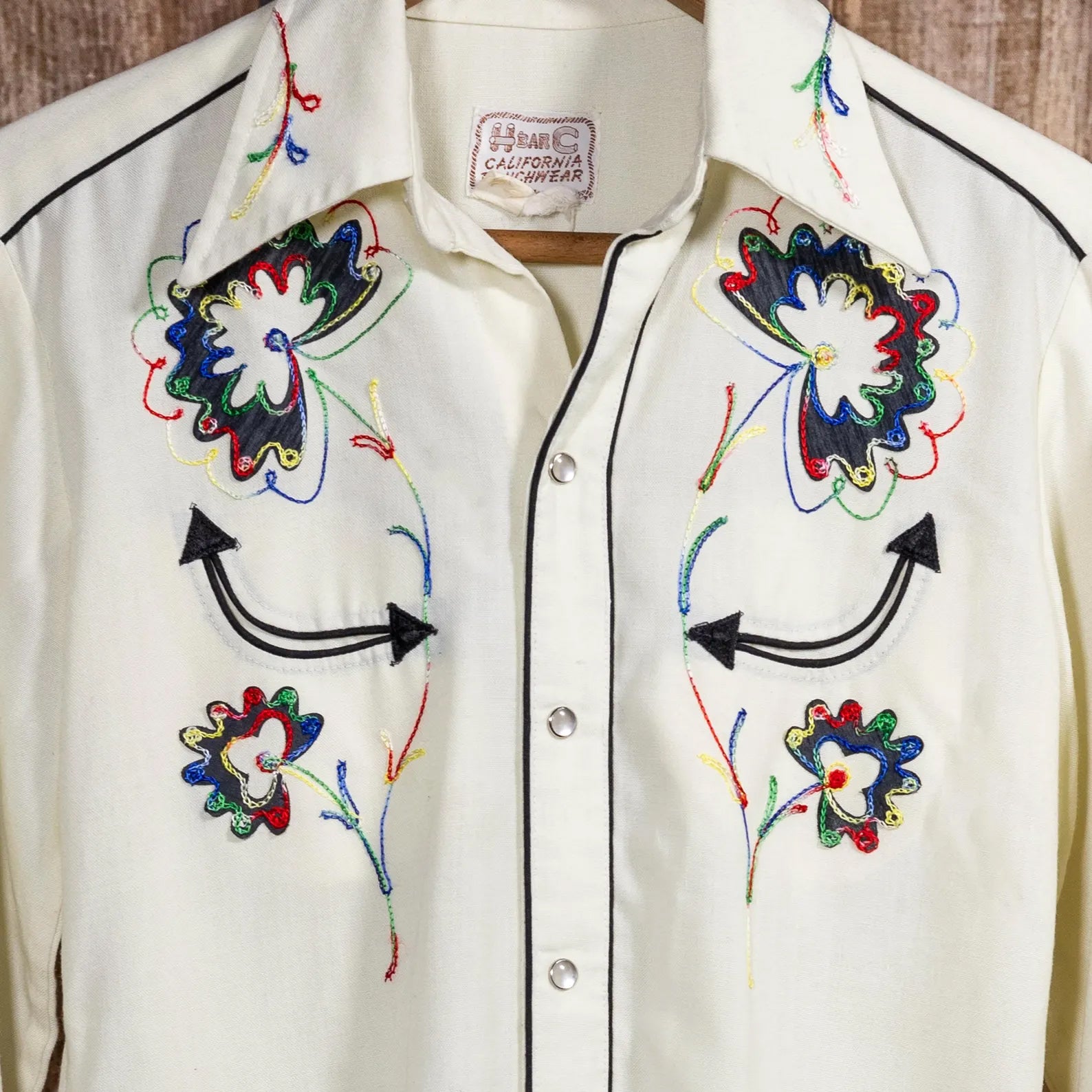 1950s Vitage H bar C California Ranchwear Cream Embroidered Western Shirt