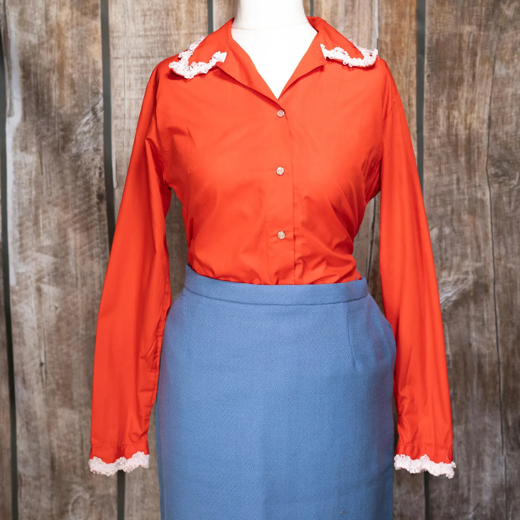Vintage 1970s H Bar C Red Cowgirl Blouse with White Detail M / 10