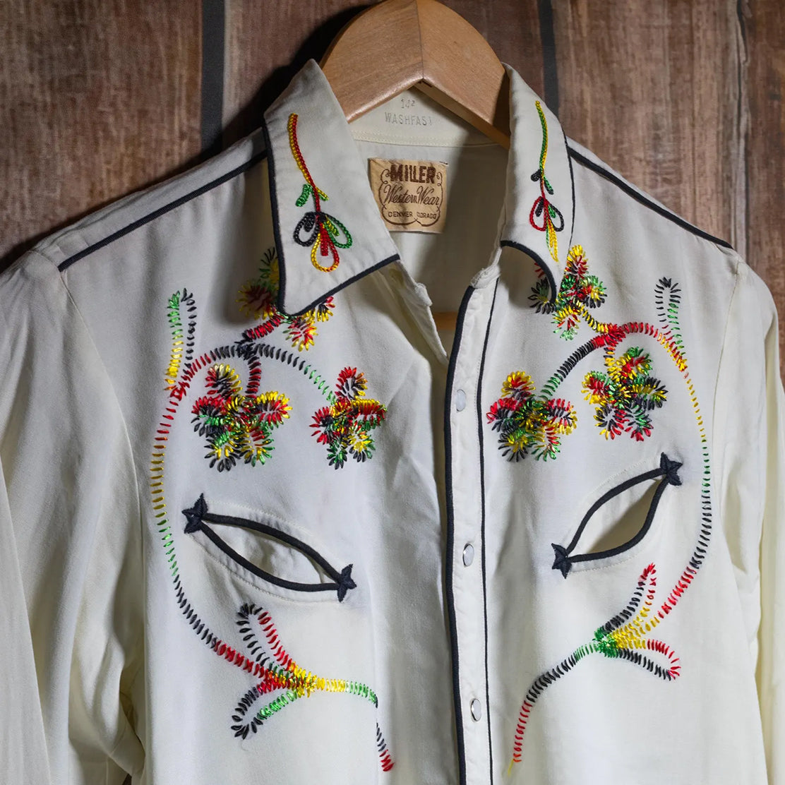 Vintage 1950s Miller Western Wear Embroidered Cream Rayon Western Shirt