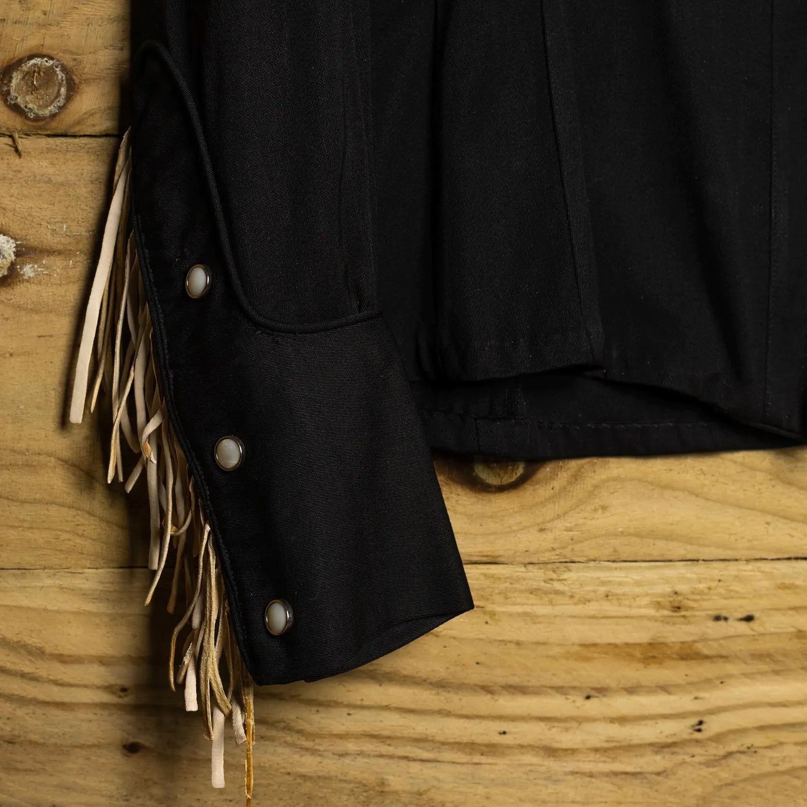 Hillbilly Western Denver 1950s Vintage Black Gabardine Leather Fringe Pearl Snap Western Shirt — Size XS