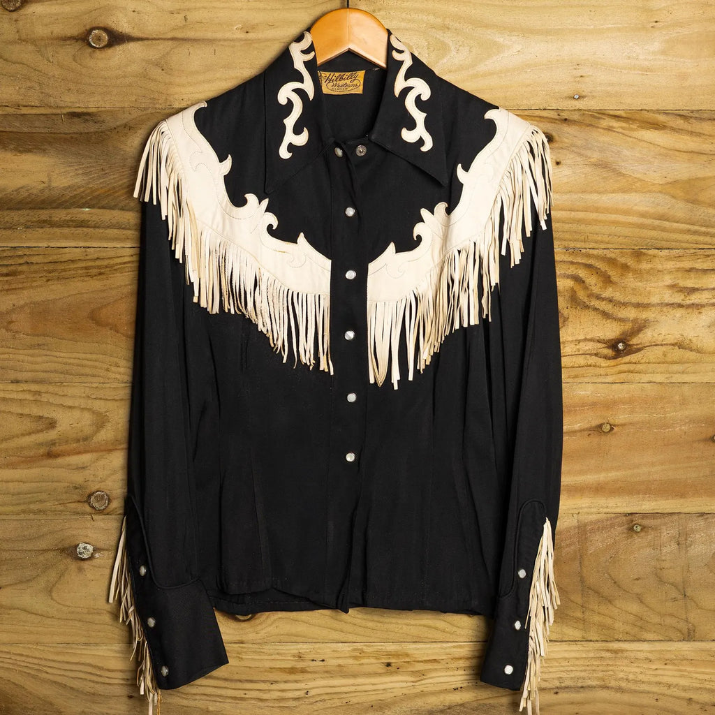 Hillbilly Western Denver 1950s Vintage Black Gabardine Leather Fringe Pearl Snap Western Shirt — Size XS