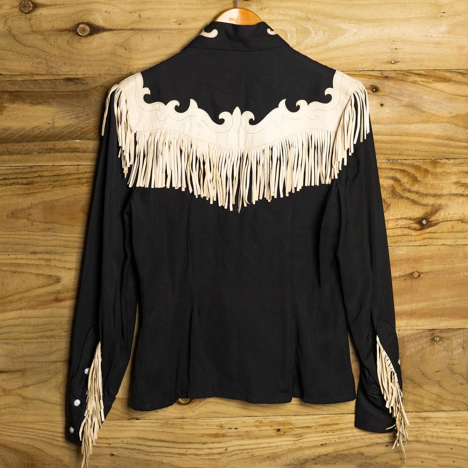Hillbilly Western Denver 1950s Vintage Black Gabardine Leather Fringe Pearl Snap Western Shirt — Size XS