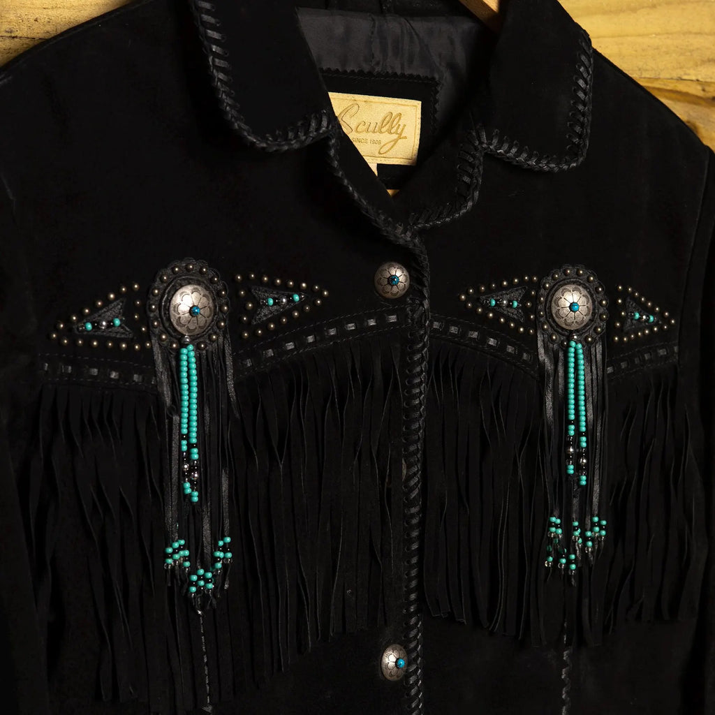 Scully Vintage Black Tasselled Western Jacket with Turquoise Stone Detail — Size L (16-18)