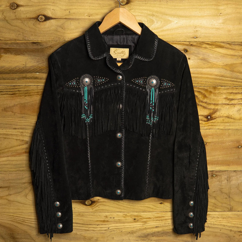 Scully Vintage Black Tasselled Western Jacket with Turquoise Stone Detail — Size L (16-18)