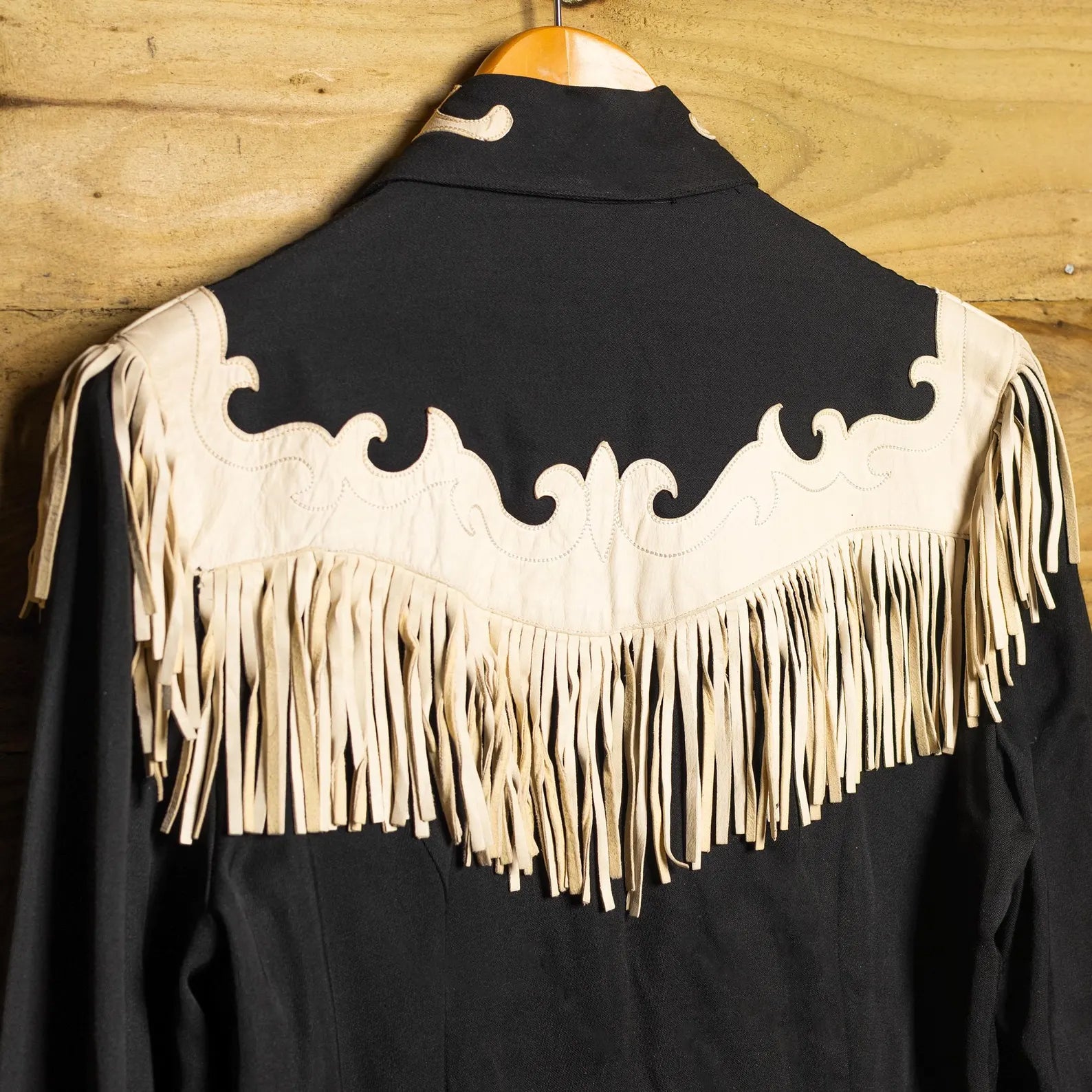 Hillbilly Western Denver 1950s Vintage Black Gabardine Leather Fringe Pearl Snap Western Shirt — Size XS