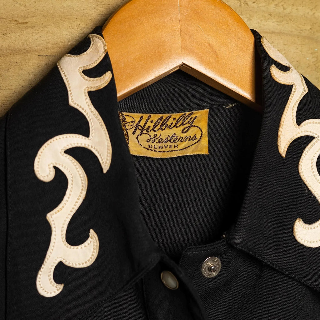 Hillbilly Western Denver 1950s Vintage Black Gabardine Leather Fringe Pearl Snap Western Shirt — Size XS