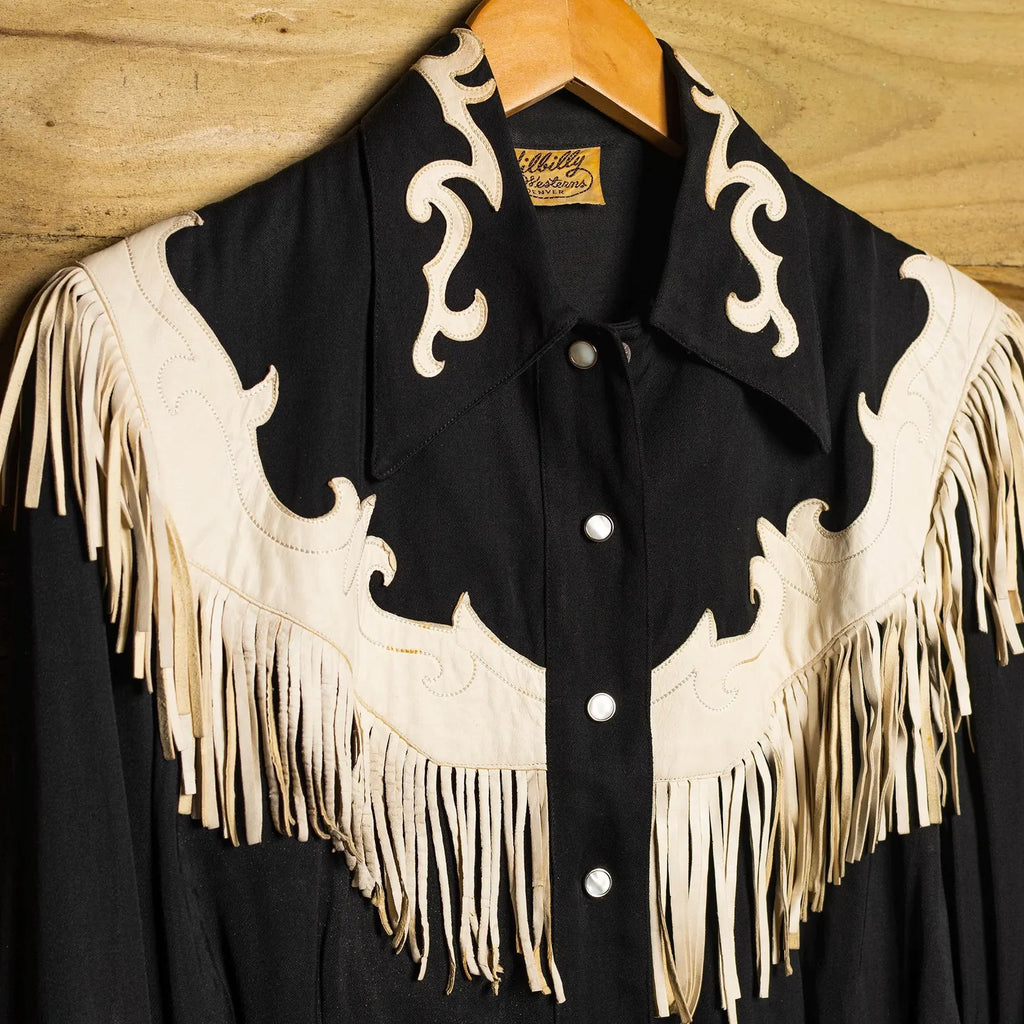 Hillbilly Western Denver 1950s Vintage Black Gabardine Leather Fringe Pearl Snap Western Shirt — Size XS