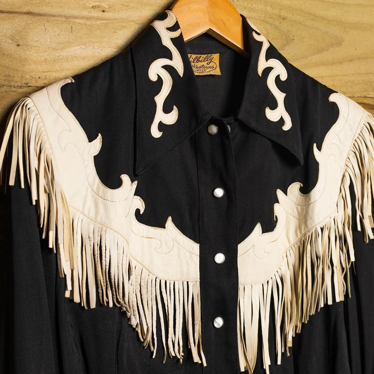 Hillbilly Western Denver 1950s Vintage Black Gabardine Leather Fringe Pearl Snap Western Shirt — Size XS
