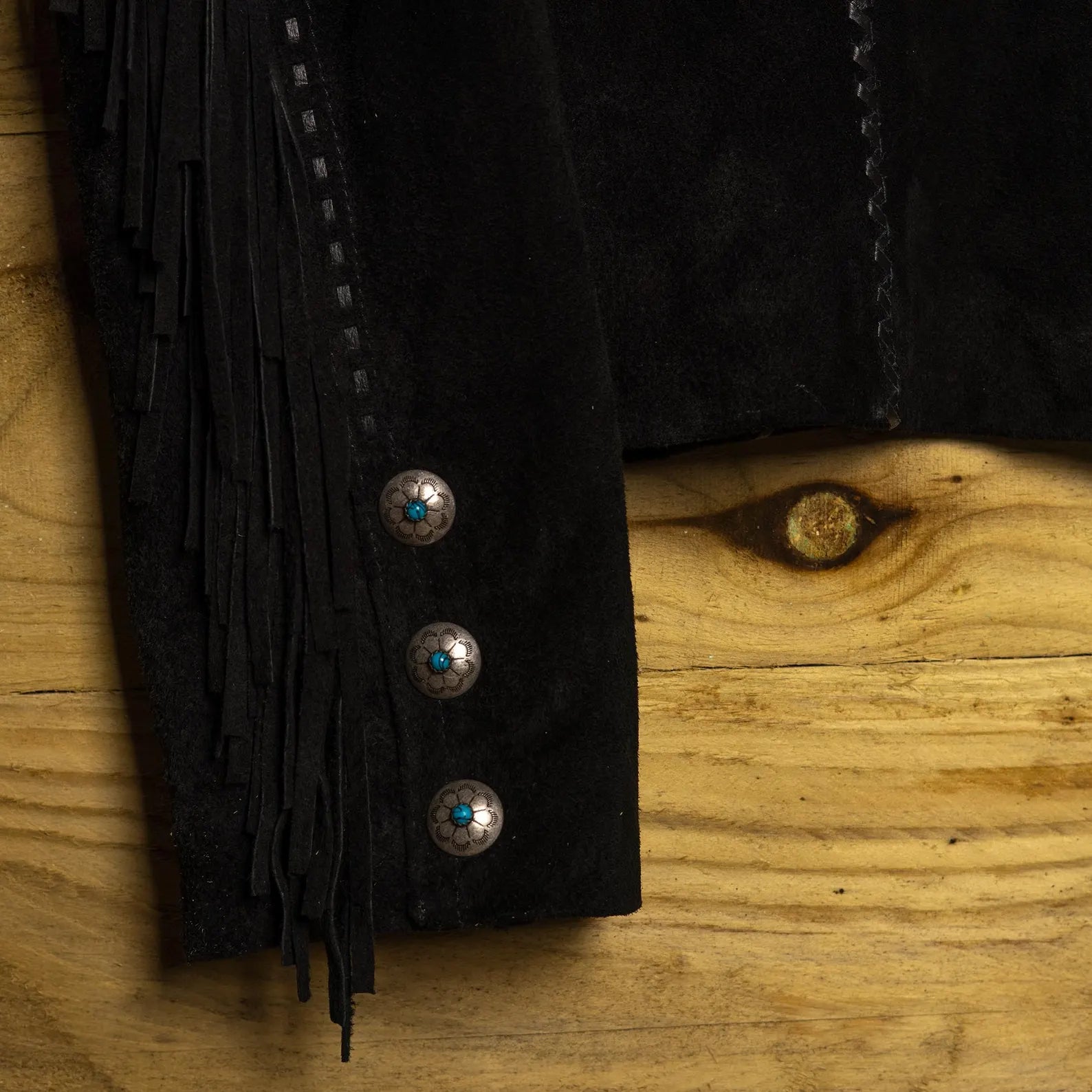 Scully Vintage Black Tasselled Western Jacket with Turquoise Stone Detail — Size L (16-18)
