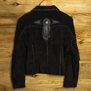 Scully Vintage Black Tasselled Western Jacket with Turquoise Stone Detail — Size L (16-18)